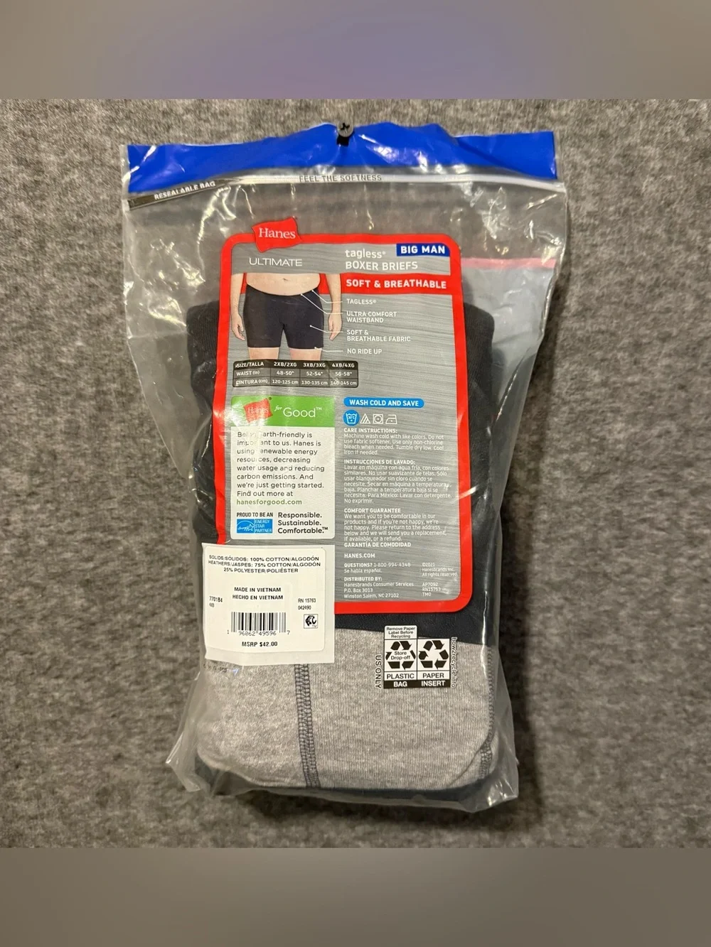 Hanes 4 Pack Tagless Boxer Briefs Mens 4XB Big Man 56-58 gray black Wicking Soft